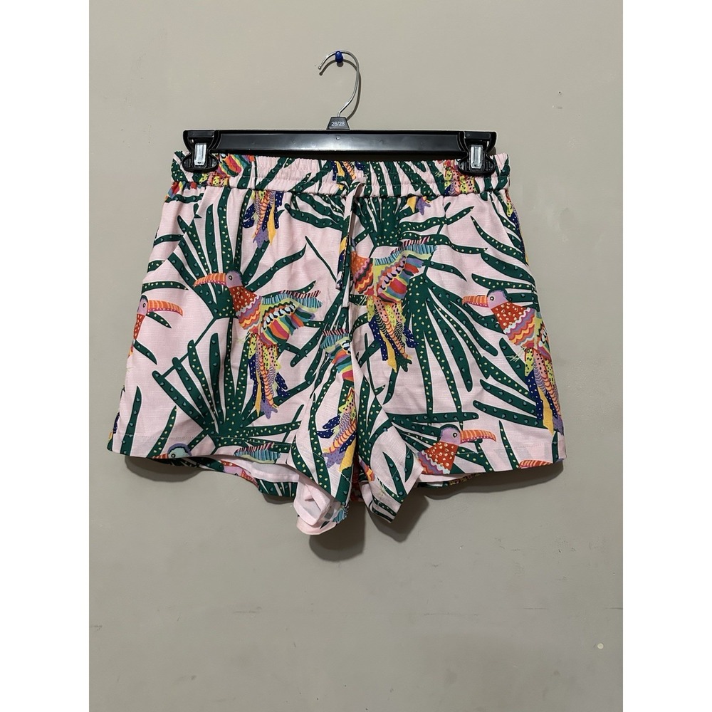 CROSBY by Mollie Burch Toucan Print Shorts Light Pink Palm Leaf Tropical Size M